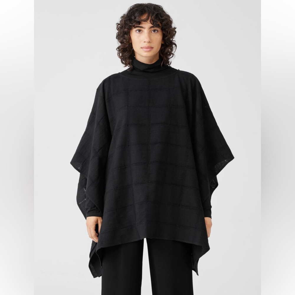 Eileen Fisher Wool Gauze Grid Poncho Black. One Size. - Picture 3 of 12